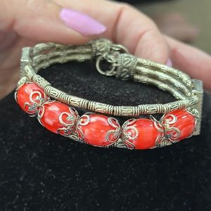 - Silvertone and Red Agate Mayan Layered Wire Cuff Bracelet